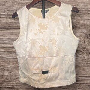 Vintage Ivory Floral‎ Satin Sleeveless Top Belted Accent Side Zip Closure